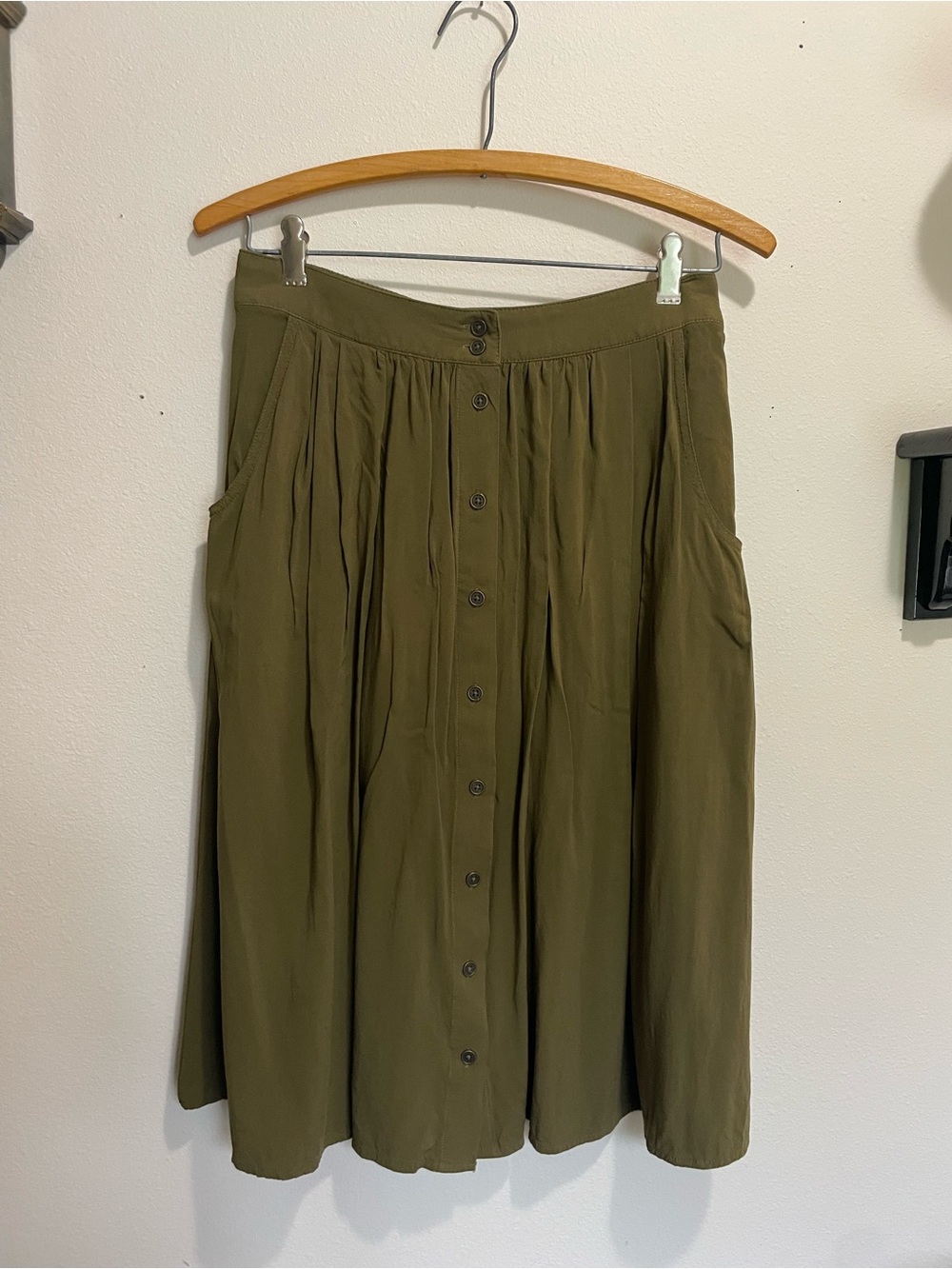 Olive Green Button Down A-line Midi Skirt